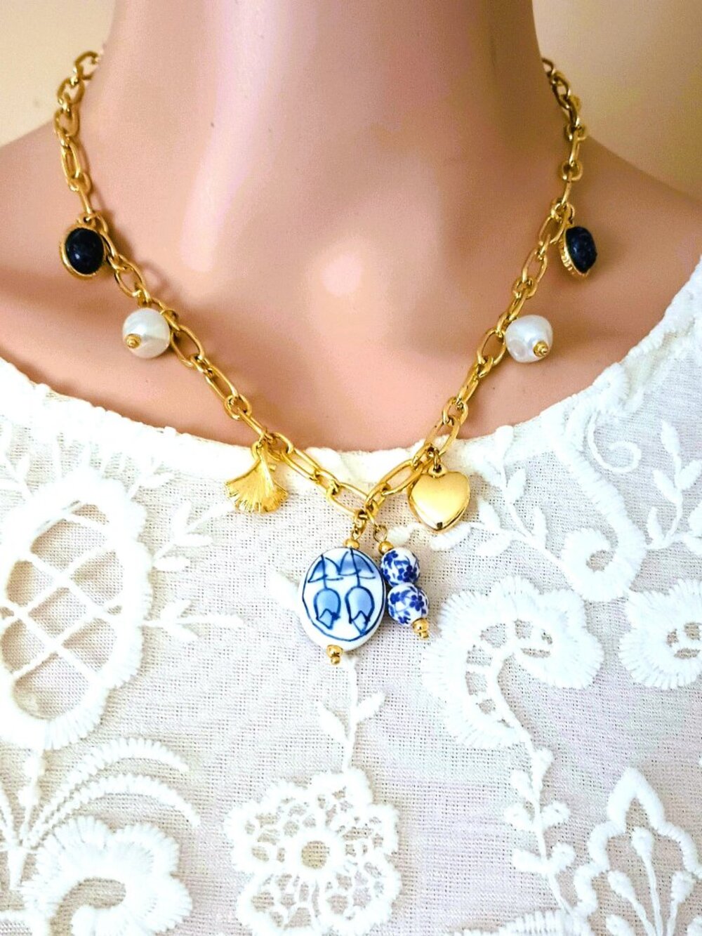Willow Porcelain Gold Tone Necklace 19" Faux Pearl Shell Heart Charm Jewelry
